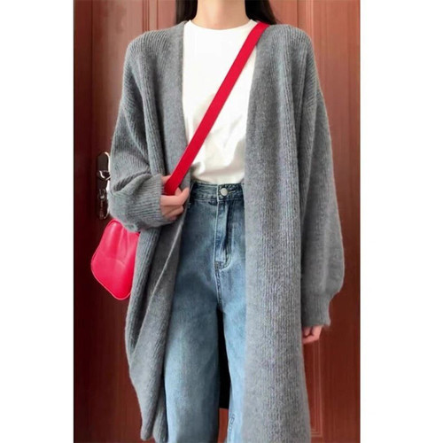 Women's Cream Color Fox Fleece Cardigan Coat Lazy Style Milk System Dressing Autumn and Winter Medium Length Knitted Cardigan
