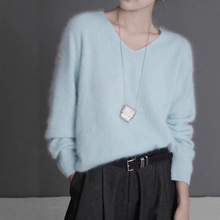 毛衣女v领针织套头新款百搭秋冬新款拉毛100纯羊毛时尚山羊绒拉绒