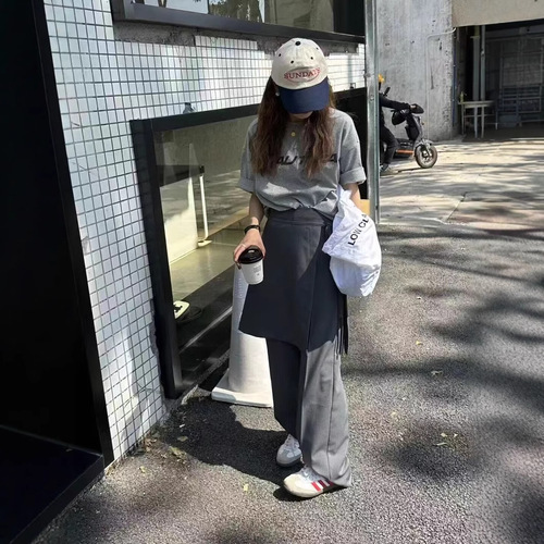 2025 Spring and Autumn Korean Design Style True Two-Piece Set Leisure Pants Skirt Set for Women Straight Leg Hem Skirt