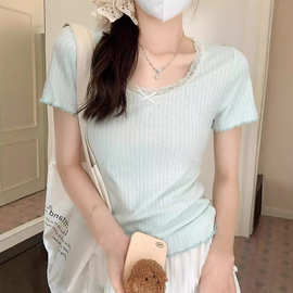 纯欲风蕾丝花边蝴蝶结短袖T恤女夏季法式甜辣妹短款修身ins上衣