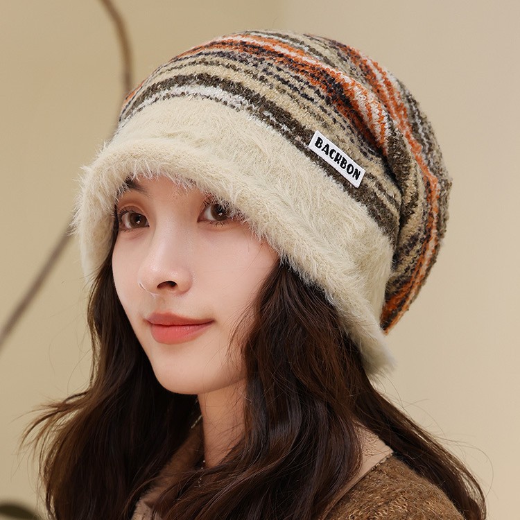 Cappello invernale da donna in maglia a blocchi di colore, stile coreano, stile retrò, con protezione per le orecchie, versatile e caldo, a righe_voghion.com