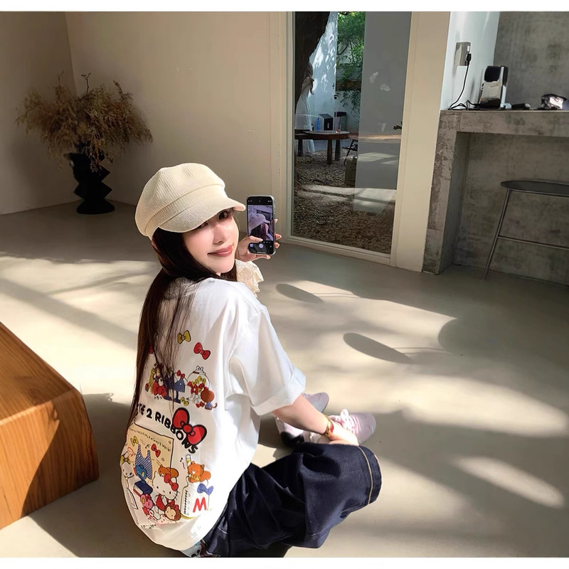 Pure Cotton Summer New Cartoon Kt Printed Short-Sleeved T-Shirt Korean Style Loose Casual Mid-Length Trendy Brand Round Neck Top