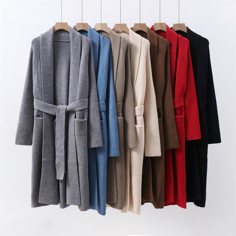Long Bathrobe Style Sweater Jacket Knitted Cardigan Loose Lazy Style Lace-up Autumn and Winter Over-the-knee Alpaca Outwear for Women Long Bathrobe Style Sweater Jacket Knitted Cardigan Loose Lazy Style Lace-up Autumn and Winter Over-the-knee Alpaca Outwear for Women