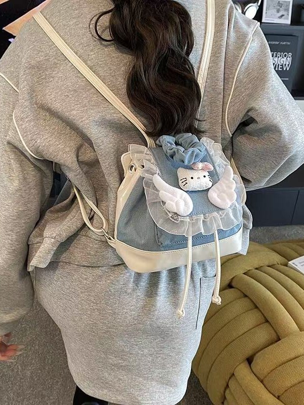 韩版小众设计kitty猫卡通可爱天使翅膀学生书包精致蕾丝百搭背包|undefined