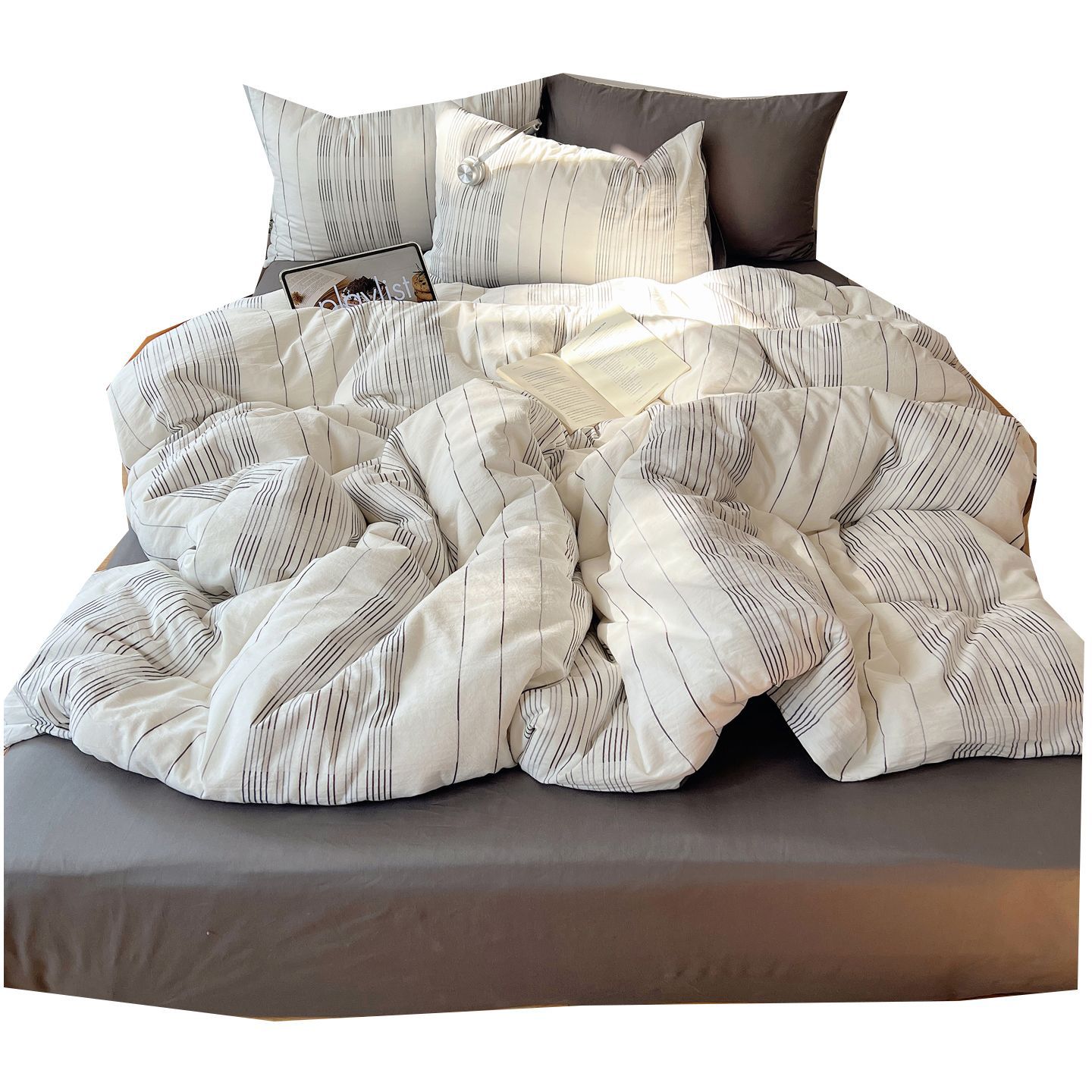 Set lenzuola 4 pezzi in cotone a righe ed effetto seta ghiaccio_voghion.com
