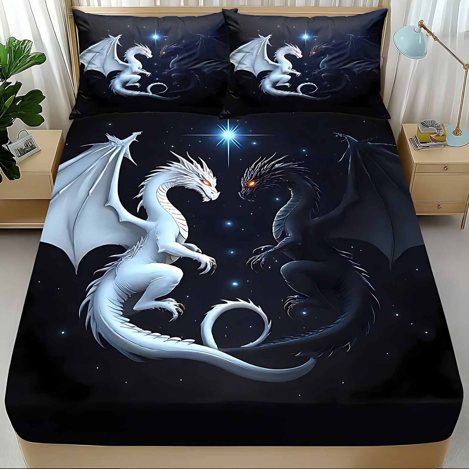 TEMU / JIT multicolor cool dragón de impresión digital 3D cama de cama de cama kit de almohada exclusivo a través de la frontera