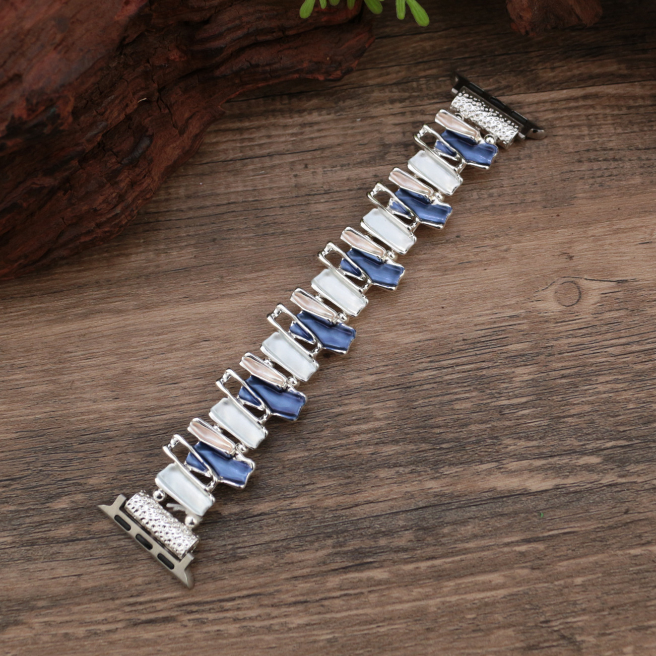 (145cm) 블루 기하학 라인 스트레치 시계 밴드 - 실버