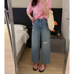 ワイドレッグジーンズ女性のための 2025 夏の新大きいサイズストレートパンツ麻薄いブルーハイウエストリッピング 9 点パンツ