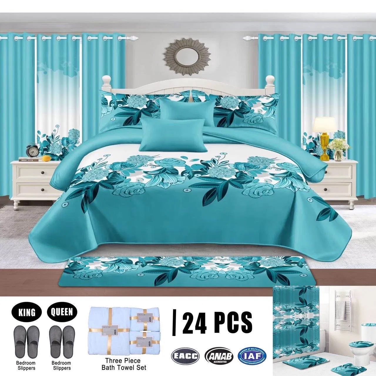 Blue Plant Flower Leaf Printed Cotton Quilt Bed Sheet Pillowcase 12Pcs Home Textile Quilted Bedding Set with Curtain