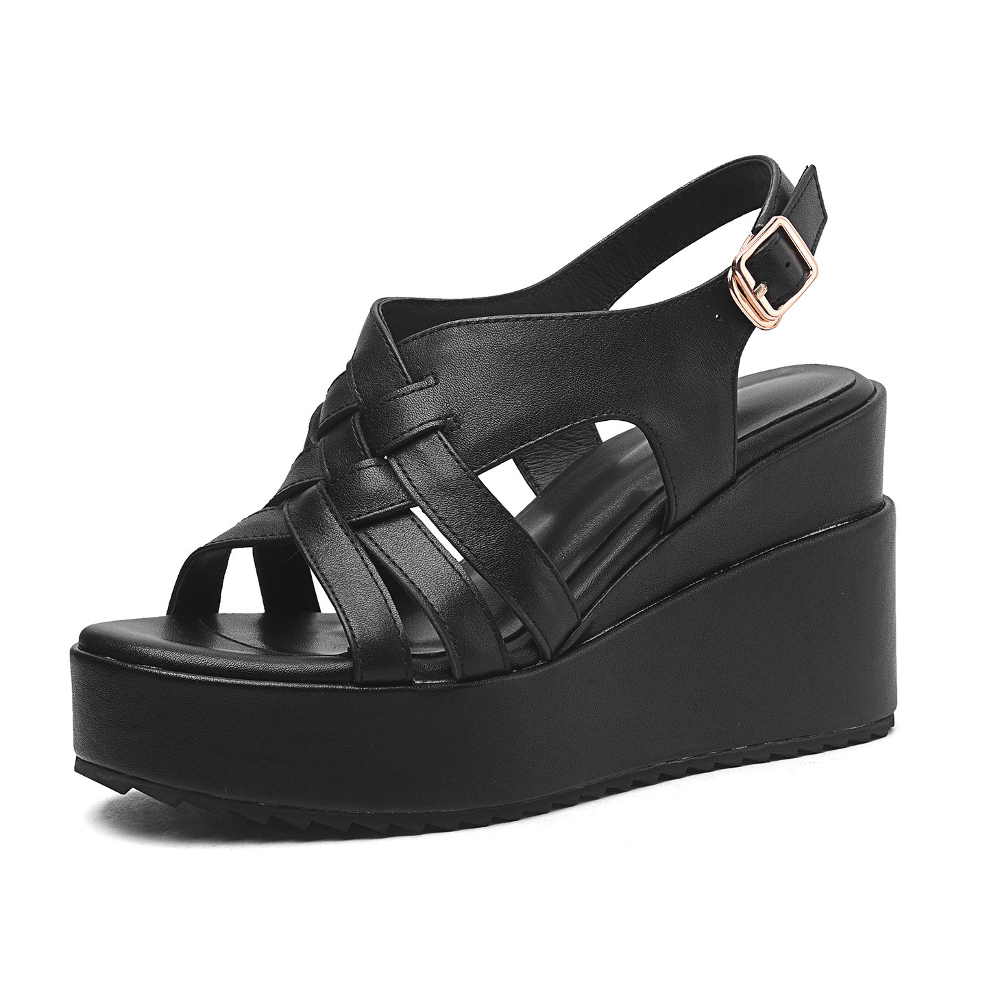 Sandal cao gót nữ hở mũi quai khóa, đế xuồng dệt da bò, gót 10 cm — Da bò trắng gạo chi tiết 8