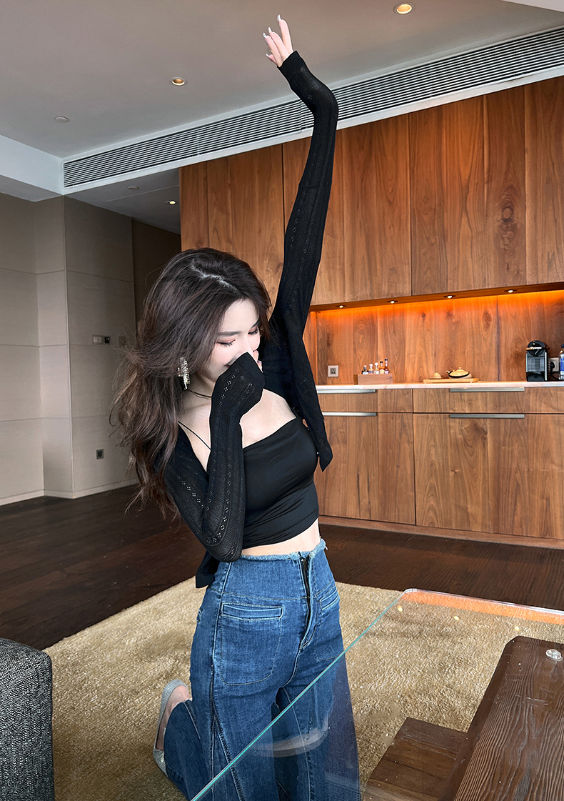 Áo cardigan nữ dệt kim mỏng chống nắng, tay ngắn, dáng suông, phối khăn choàng — Màu đen chi tiết 6