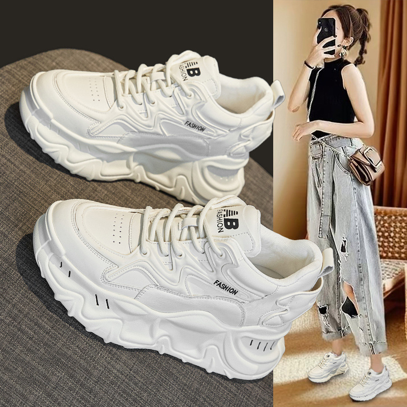 Platform Sneakers for Petite Women, 2025 Autumn New Versatile Thick-Soled Height-Increasing Sports Casual White Shoes with Fleece Lining