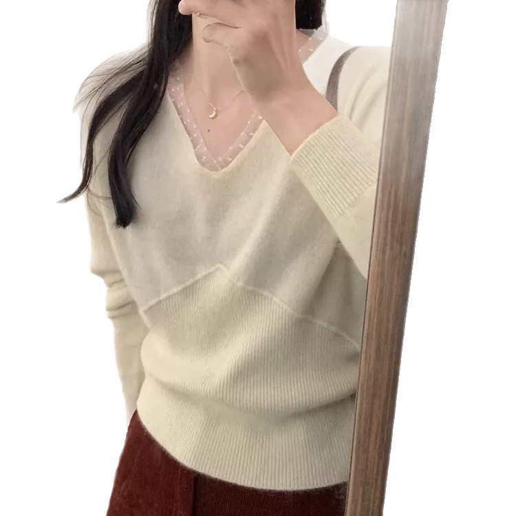 女式V领精纺羊毛丝绒混纺针织毛衣波点花边设计气质优雅减龄内搭|undefined