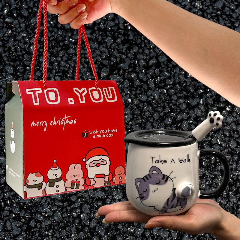 Taza de gato Mark con tapa Cuchara Taza de agua de cerámica Taza de pareja de dibujos animados de cerámica para hombres y mujeres Taza de desayuno de café de oficina