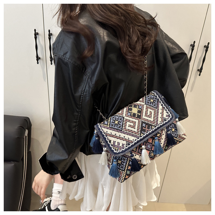 336g Weight Flip Cover Closure Type Single Shoulder Strap Strap Type Shoulder Bag Bags Type Casual, Holiday Occasion Cloth Material Geometric Pattern All Seasons Season Women's Gender Elegant, Ethnic Style Style Square Shape Women's Cloth Geometric Elegant Ethnic Style Square Flip Cover Shoulder Bag 26
