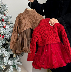 Girls' Autumn/Winter Dress 2023 New Style Trendy Children's Fleece Winter New Year Set Sweater Red Princess Dress