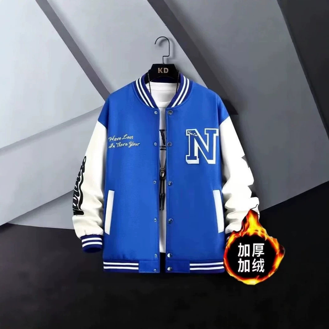 American-style trendy baseball jacket for men, new autumn/winter collection, high-end design, retro loose fit, patchwork style, and fleece-lined for added warmth