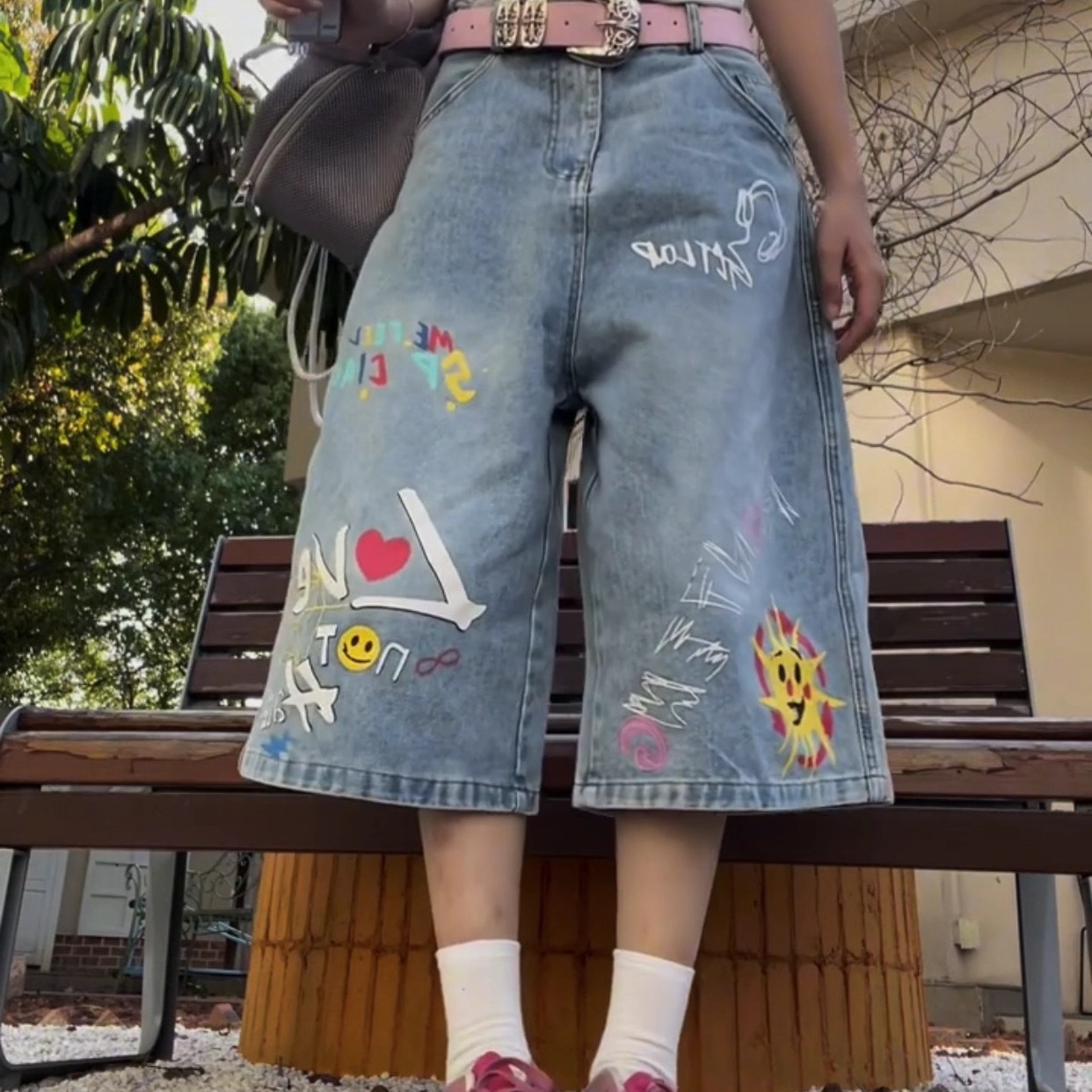American High Street Graffiti Print Washed Cropped Jeans for Women Summer New Style Loose Wide-Leg Mid-Pants Trendy