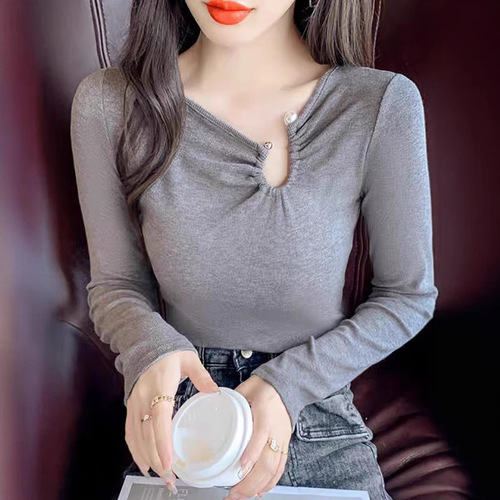 Core yarn spring summer autumn winter new slimming base shirt design sense long sleeve knitted sweater women's bare collar top
