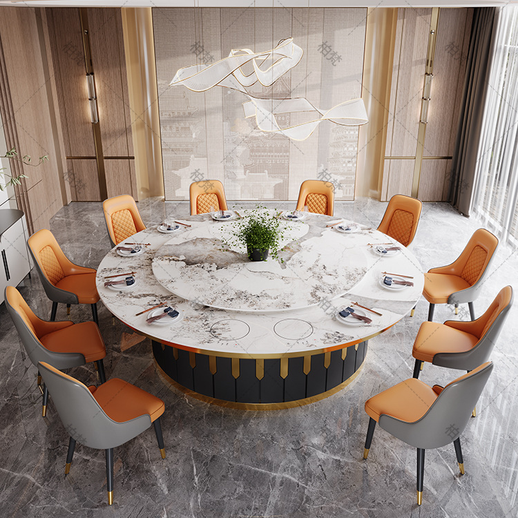 Mesa de comedor eléctrica de hotel personalizada, mesa redonda grande, mesa giratoria, 20 personas, mesa de comedor de tabla de roca, combinación de sillas