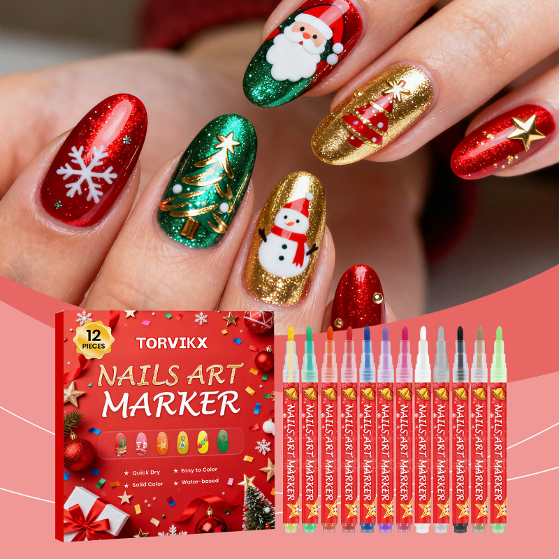 Torvikx DIY Christmas Nail Art Graffiti Pen Silky Smooth Quick-Drying Colorful Water-Based Solid Color Graffiti Pen
