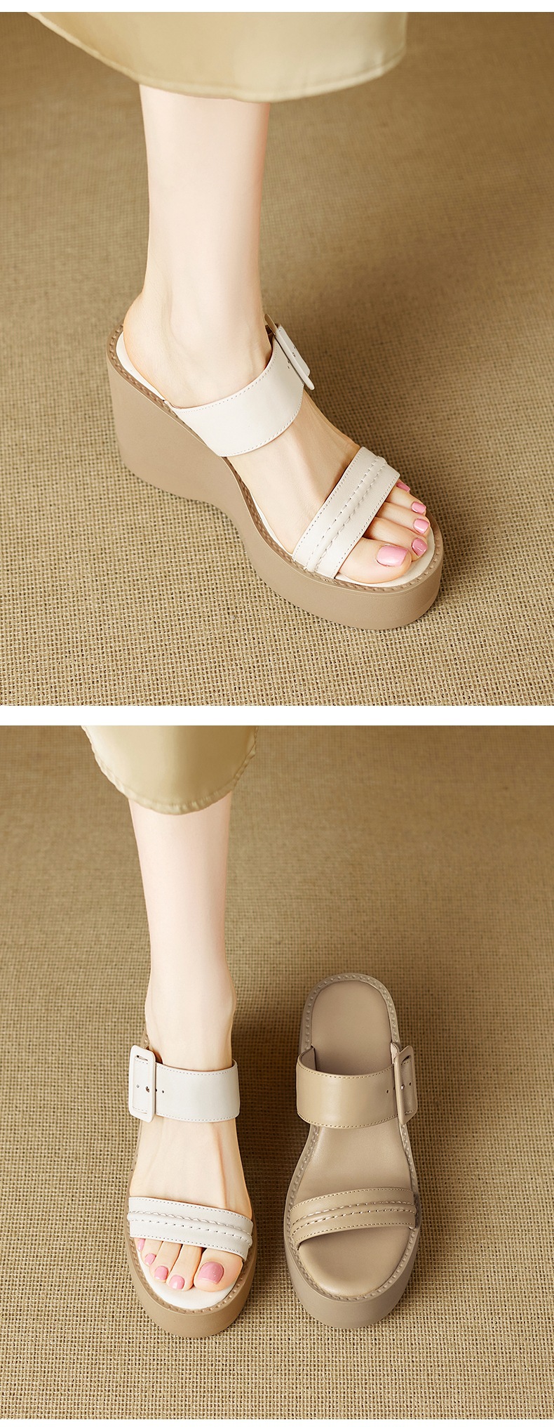 Sandal cao gót nữ hở mũi đế xuồng da bò quai một chữ thắt nút — màu trắng ngà chi tiết 1