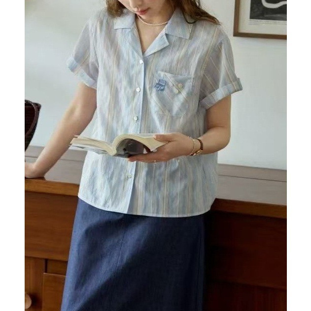Nov Eilst French-Style Cuban Collar Embroidered Short-Sleeve Striped Shirt 2025 Summer New Thin Cotton Top