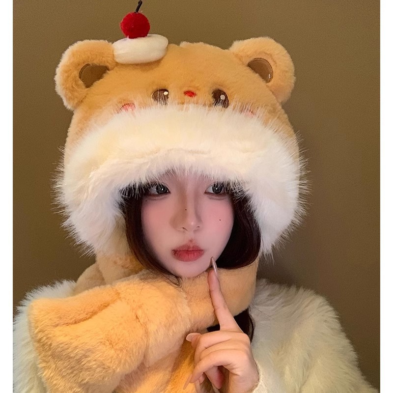 蛋糕小熊毛绒帽子围巾一体女冬季可爱防寒加厚保暖围脖手套三件套|undefined