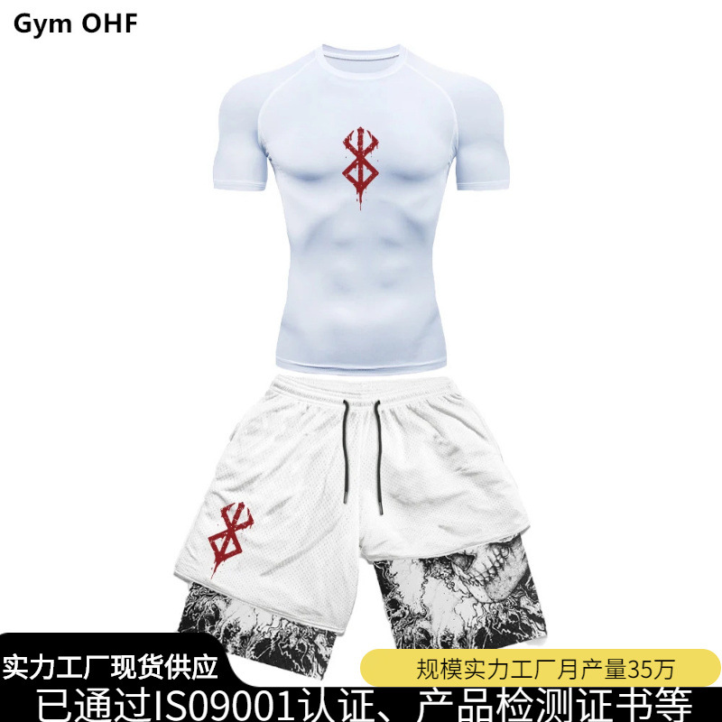 AliExpress cross-border men's T-shirt + 3D digital printed double-layer shorts 2-piece set quick-drying running sports training clothing