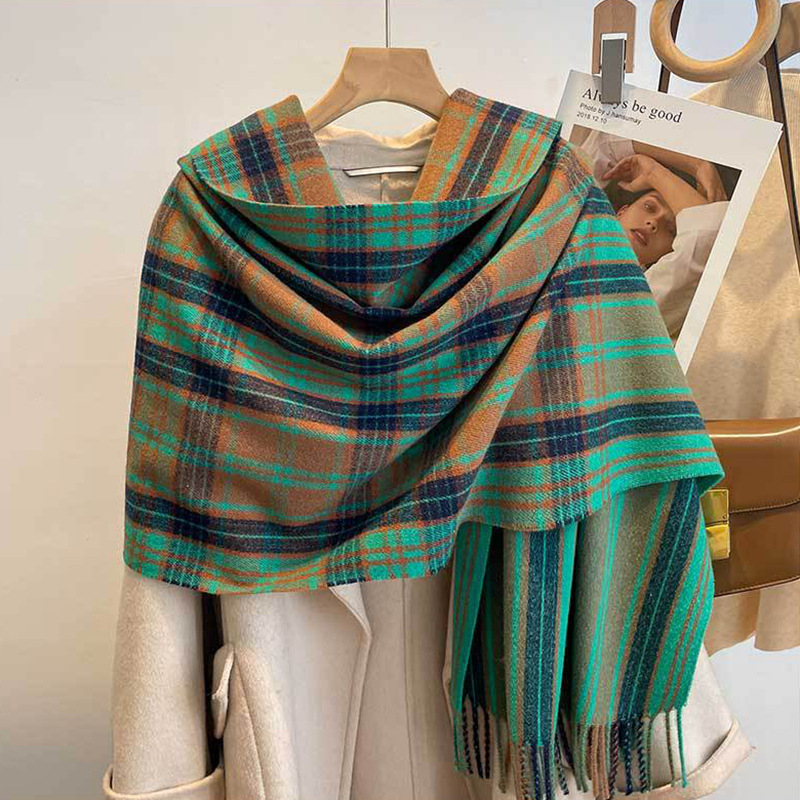 Otoño e Invierno nueva Corea del Sur Dongdaemun contraste de color a cuadros de doble cara de Cachemira bufanda larga moda exterior desgaste cálido chal