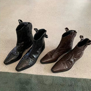 Grape Mom Same Style Fashionable Pointed V-Mouth Vintage Denim Genuine Leather Thin Boots Thick Heel Wrinkle Western Short Boots Women's Autumn