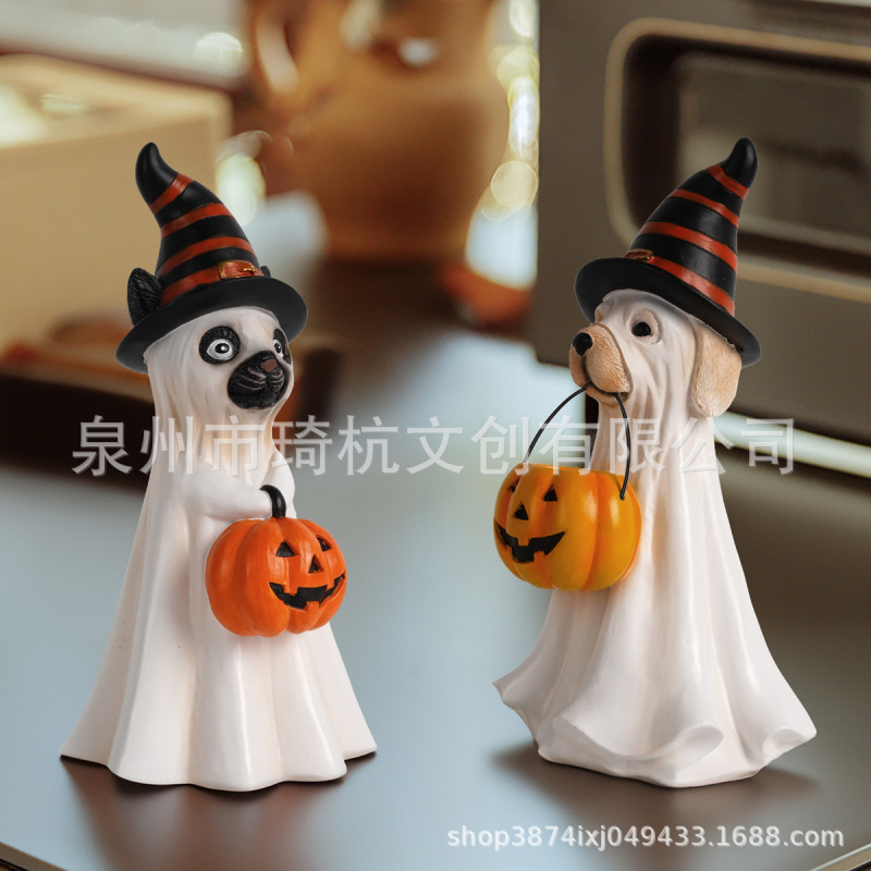 越境新品提かぼちゃ幽霊犬置物玄関バーパーティーハロウィン雰囲気樹脂工芸品飾り|undefined