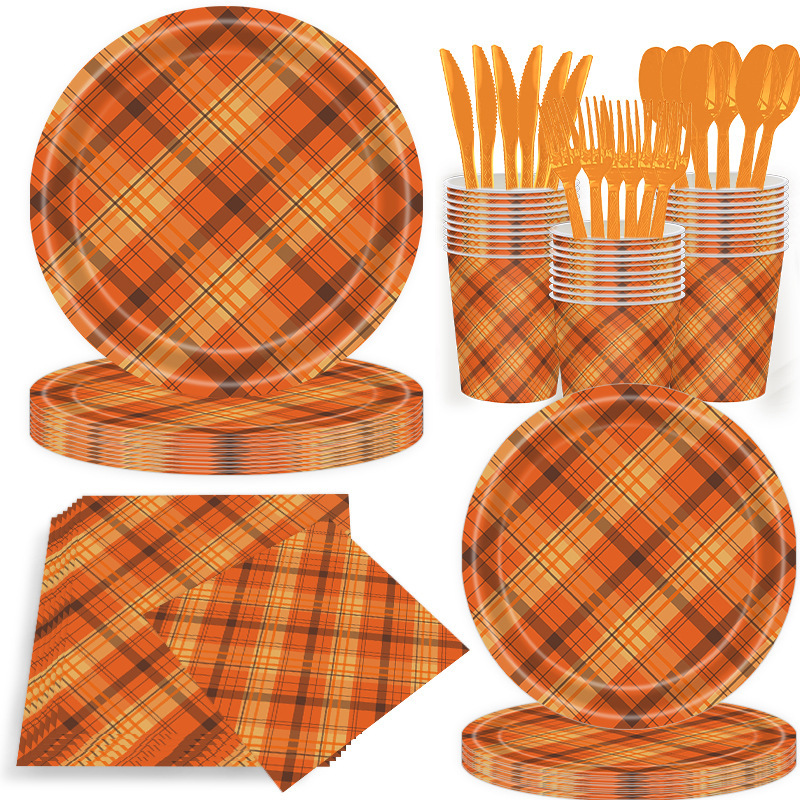 Autumn Orange Plaid Party Paper Plate Thanksgiving Harvest Children's Birthday Party Disposable Paper Plate Tissue Set Autumn Orange Plaid Party Paper Plate Thanksgiving Harvest Children's Birthday Party Disposable Paper Plate Tissue Set