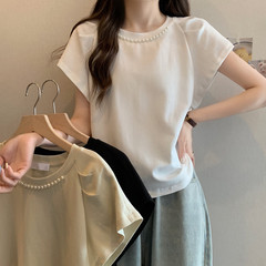 大きいサイズの婦人服の太ったmmの夏のデザイン感の小さい大衆の釘の玉の泡の袖の上着の百合はやせている半袖のtシャツの底のシャツを現します
