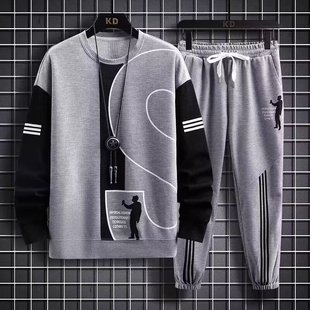 Cross-border distribution sports leisure suit autumn new color matching trend Hong Kong-style loose waffle crew neck sweater