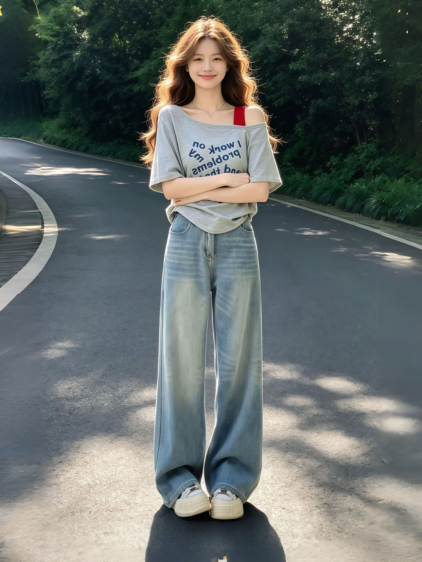 Áo thun nữ tay ngắn cổ tròn phối hai lớp vai trần phong cách vintage — màu xám