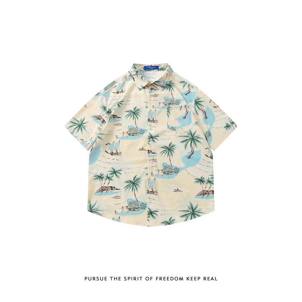 Directly from the Manufacturer, Coconut Tree Beach Print Hawaiian Shirt for Men, Loose Casual Vacation Style Short-Sleeved Shirt