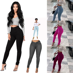 Autumn direct supply cross-border European and American style fashion black high elastic feet large size hip women's jeans in stock