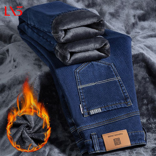 Men's Fall/Winter Fleece Lined Thick Straight Leg Business Loose Trousers Elastic Pants Spring and Autumn Season