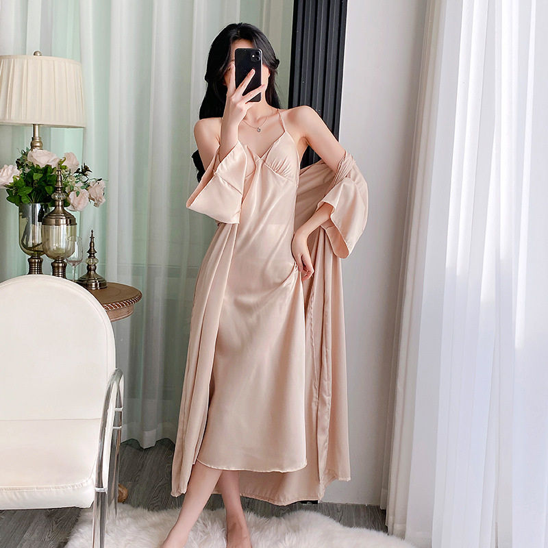 2025 Satin Spring and Autumn Sexy Mid-Length Suspender Ice Silk Nightgown Women's Summer Pajamas and Nightgown Two-Piece Set with Breast Pad