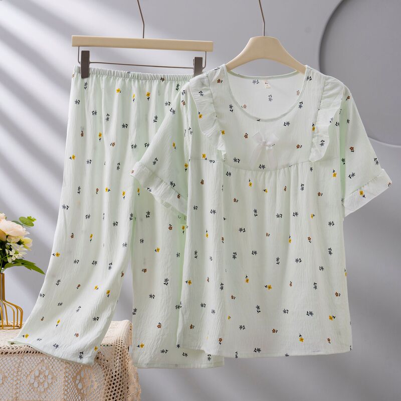Cloud Cotton Pajamas for Women, New Spring and Summer Style, Short-Sleeve and Three-Quarter Pants Printed Set, Plus-Size Loose Home Wear, Thin Style Cloud Cotton Pajamas for Women, New Spring and Summer Style, Short-Sleeve and Three-Quarter Pants Printed Set, Plus-Size Loose Home Wear, Thin Style