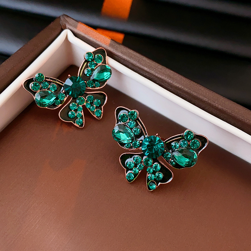 Silver needle ancient golden green diamonds, butterfly water droplet oil earrings