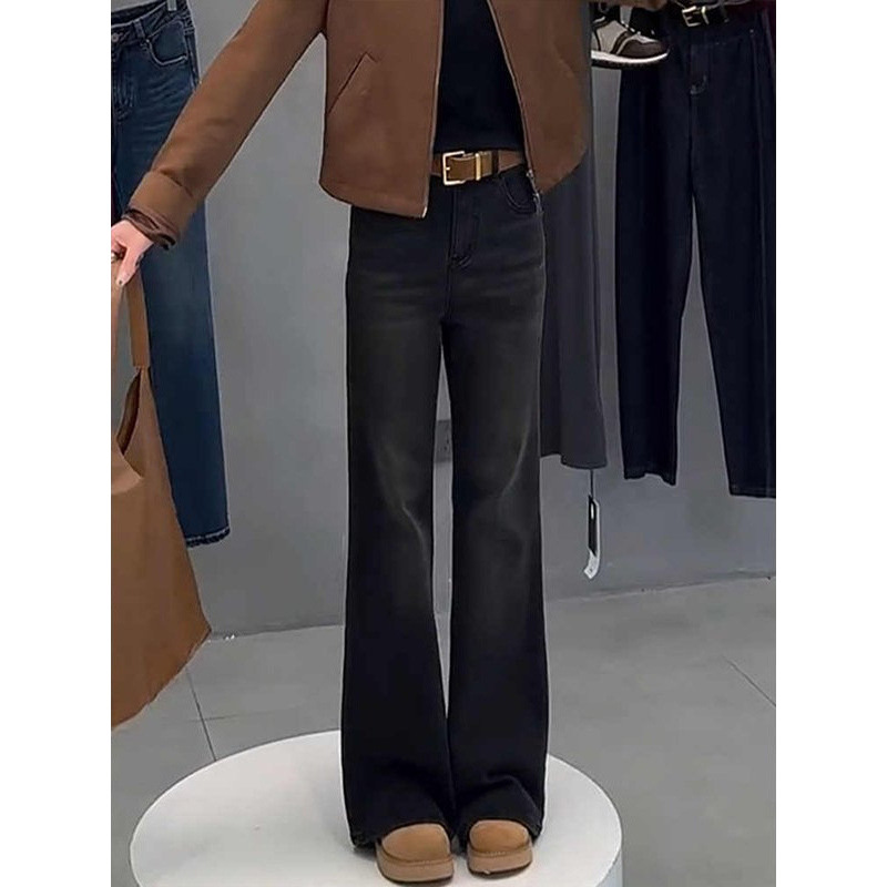 黑色微喇牛仔裤女秋冬梨形辣妹身材大码中腰弹力显瘦直筒喇叭长裤