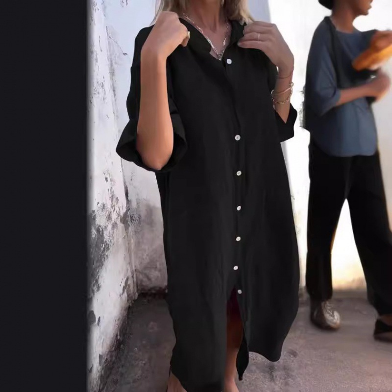 2024 New Spring Summer Style Loose Casual Mid-Sleeve Cotton Linen Shirt Dress For Women_voghion.com