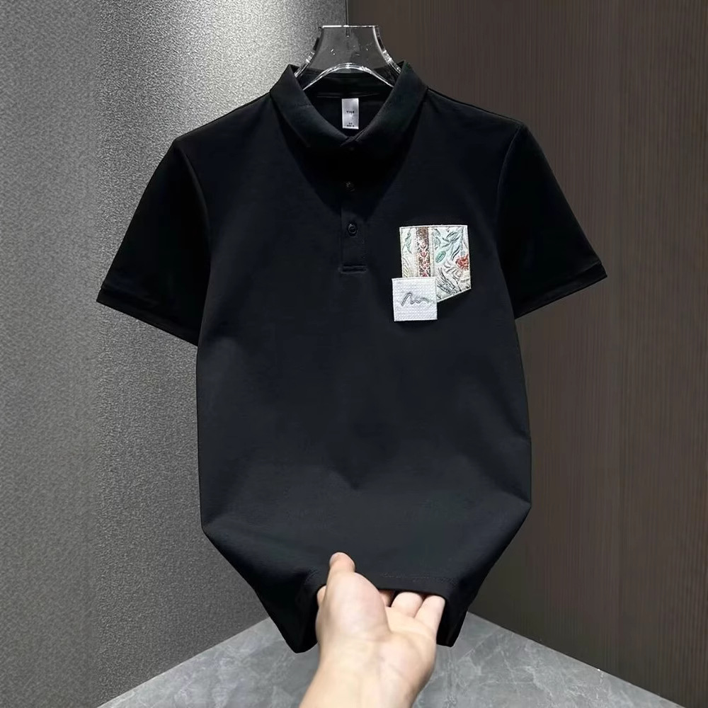 2025 Summer New Men's Personalized National Trend Patch Embroidered Lapel Polo Shirt Short-Sleeved Simple Versatile Casual t