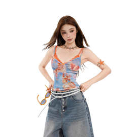 ZM2626# 美式辣妹蕾丝拼接吊带背心女夏季假两件修身显瘦无袖上衣