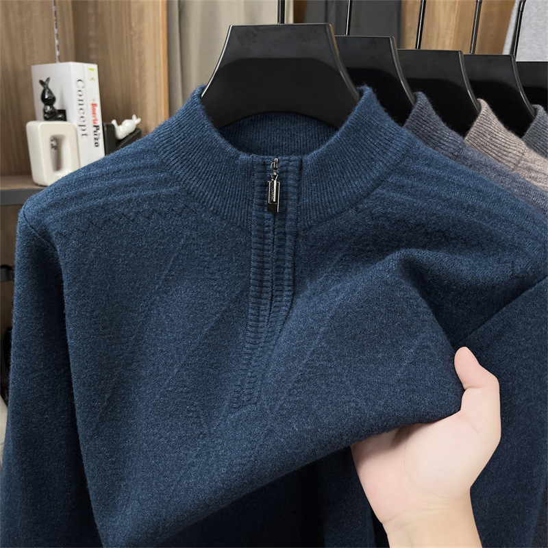 中老年男士羊毛衫冬季新款休闲半高拉链领加厚保暖针织打底毛衣男