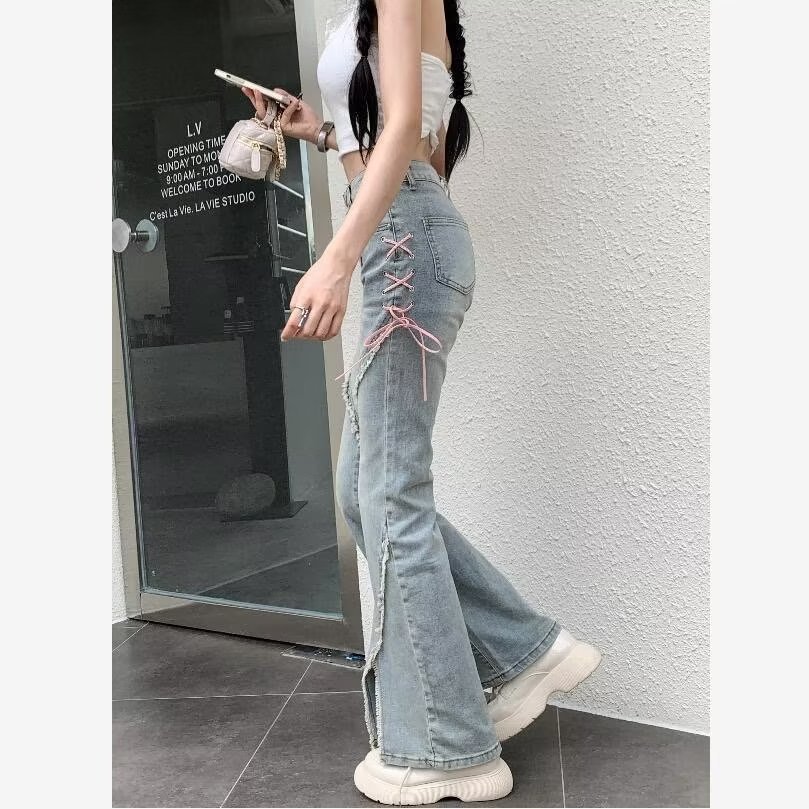 American-style Split Micro-flared Jeans Women's Summer New High Waist Skinny Slimming Straight Design Pants with Strap