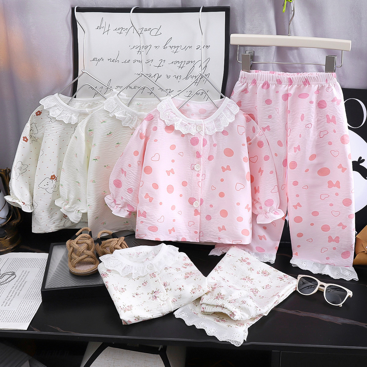 2025 new girls home clothes suit loose thin breathable pajamas lace pants two-piece wholesale