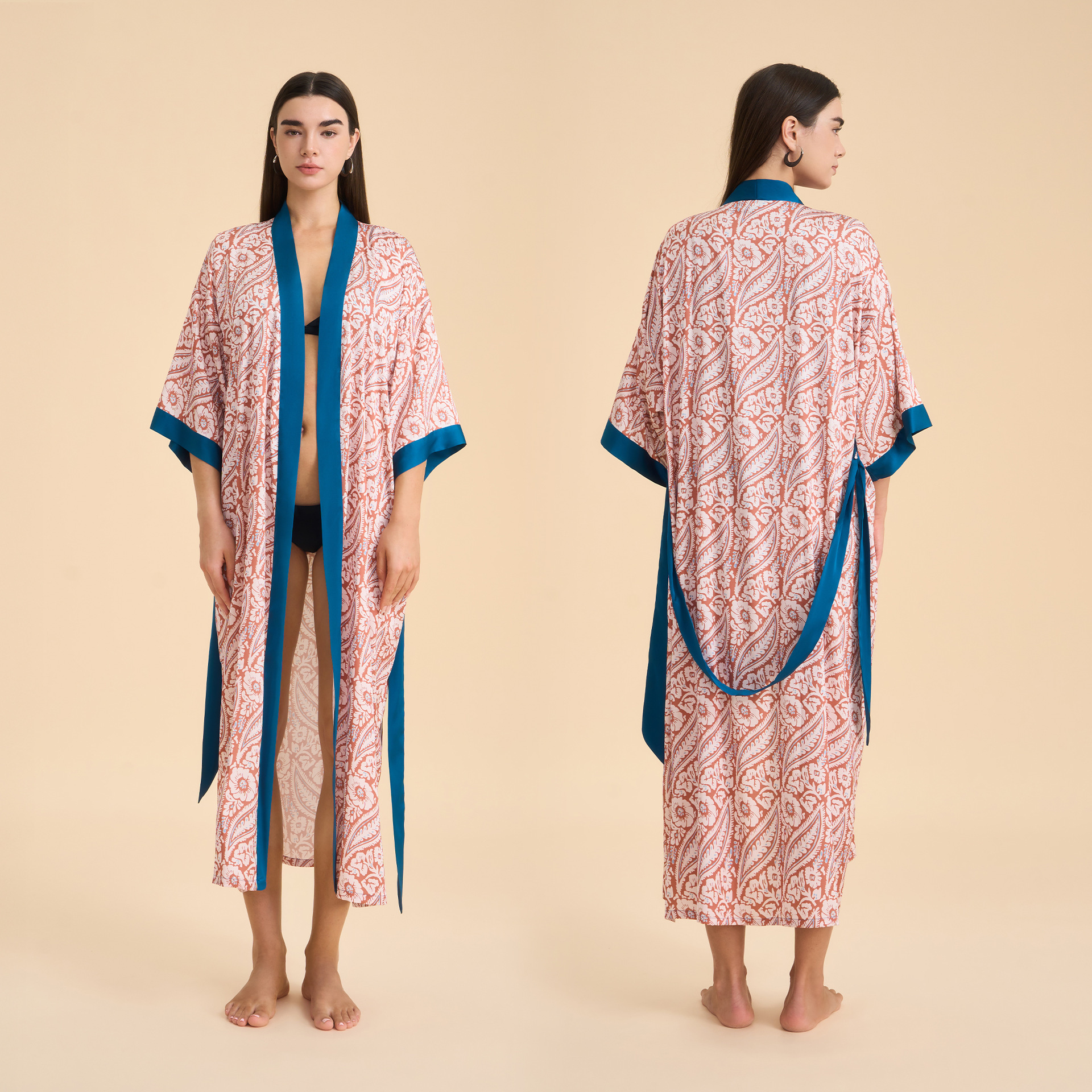 Europa y América pijamas damas primavera y otoño satén chiffon bata de baño impresión desordenada bata de dormir cómoda ropa larga para el hogar WP3976